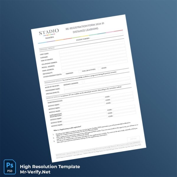 Editable Namibia STADIO Re-Registration Form for Distance Learning Students Word and Pdf Template Preview - Mac Doc