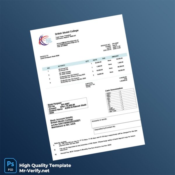 Nepal British Model College Invoice Template in Word and PDF formats