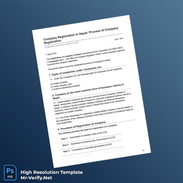 Editable Nepal Companies Register Business Registration Certificate Word and Pdf Template Preview - Mac Doc