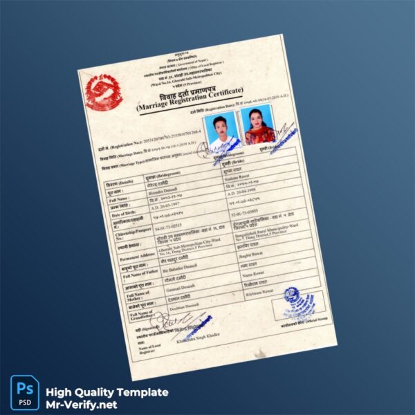 Nepal Local Registrar Marriage Registration Certificate Template in Word and PDF formats