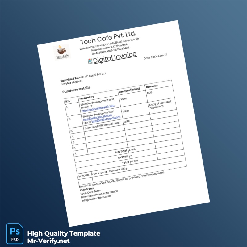 Nepal Tech Cafe Pvt Ltd Invoice Template in Word and PDF formats Nepal Tech Cafe Pvt Ltd Invoice Template in Word and PDF formats