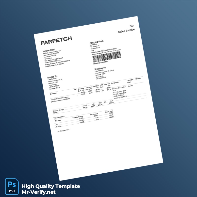 Netherlands Farfetch Europe Trading B V Commercial Invoice Template in Word and PDF formats Netherlands Farfetch Europe Trading B V Commercial Invoice Template in Word and PDF formats