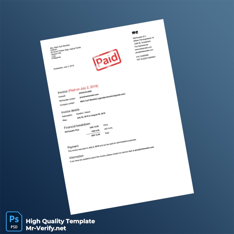 Netherlands WeTransfer Invoice Template in Word and PDF formats Netherlands WeTransfer Invoice Template in Word and PDF formats