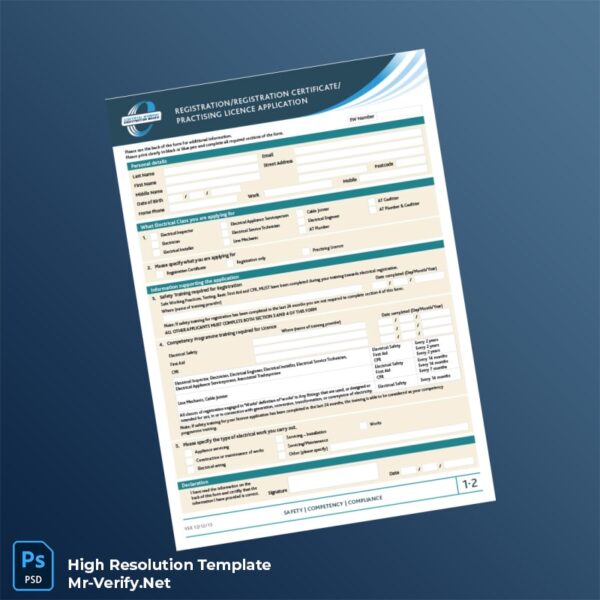 Editable New Zealand Electrical Workers Registration Board Registration Certificate Application Word and Pdf Template Preview - Mac Doc