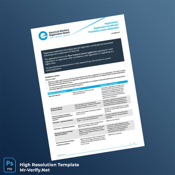 Editable New Zealand Electrical Workers Registration Board Registration Certificate Word and Pdf Template Preview - Mac Doc