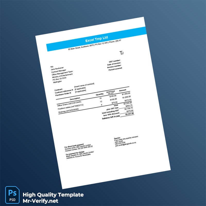 New Zealand Excel Tmp Ltd Invoice Template in Word and PDF formats New Zealand Excel Tmp Ltd Invoice Template in Word and PDF formats