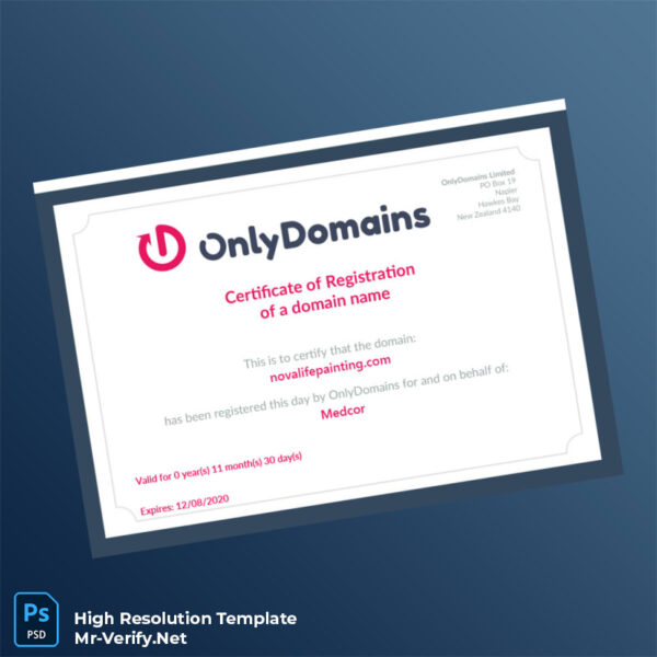 Editable New Zealand OnlyDomains Domain Registration Certificate Word and Pdf Template Preview - Mac Doc