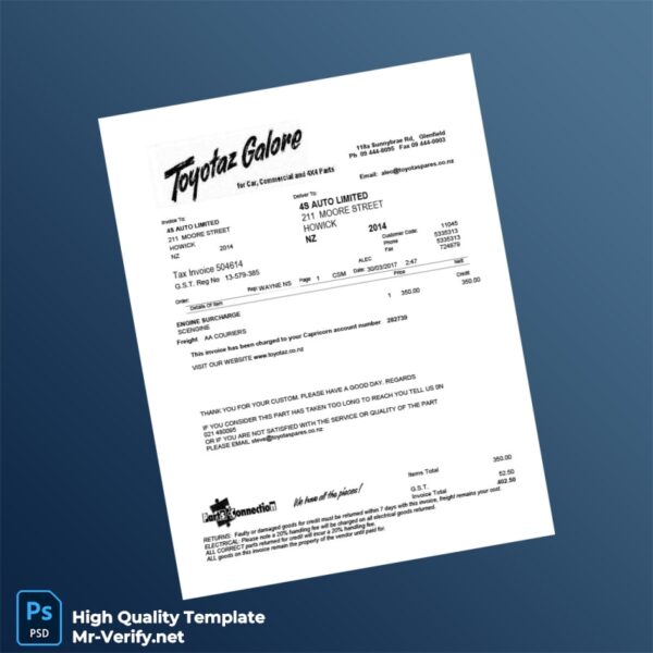 New Zealand Toyota Spares Invoice Template in Word and PDF formats