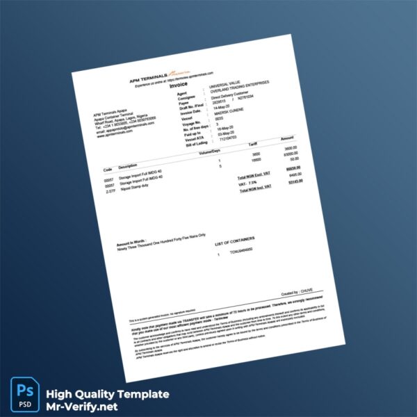 Nigeria APM Terminals Apapa Invoice Template in Word and PDF formats