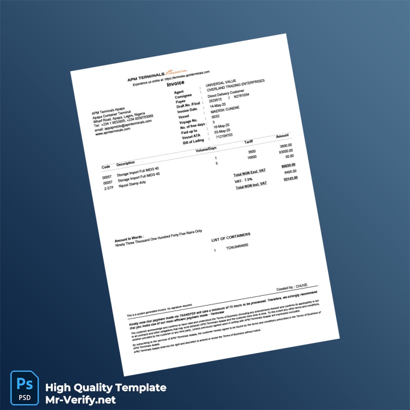 Nigeria APM Terminals Apapa Invoice Template in Word and PDF formats Nigeria APM Terminals Apapa Invoice Template in Word and PDF formats