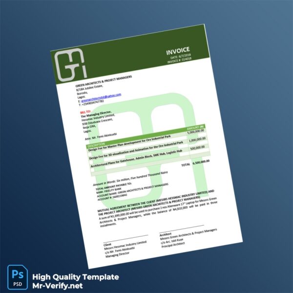 Nigeria Green Architects Project Managers Invoice Template in Word and PDF formats