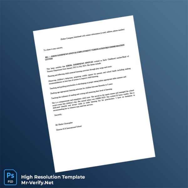 Editable Nigeria K K International School Employment Verification Letter Word and Pdf Template Preview - Mac Doc