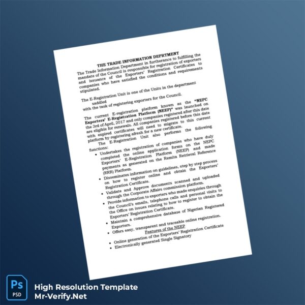 Editable Nigeria NEPC Exporters Registration Certificate Word and Pdf Template Preview - Mac Doc