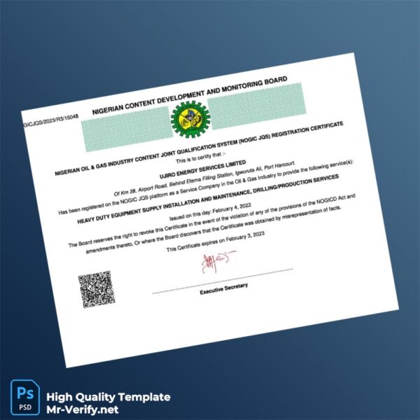 Nigeria NOGIC JQS Registration Certificate Template in Word and PDF formats