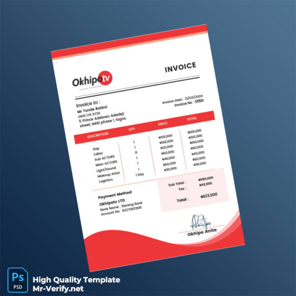 Nigeria Okhipotv Invoice Template in Word and PDF formats Nigeria Okhipotv Invoice Template in Word and PDF formats