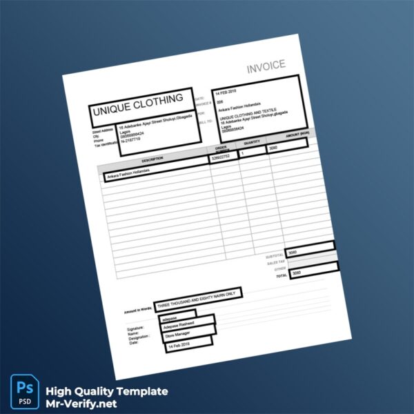 Nigeria Unique Clothing Invoice Template in Word and PDF formats