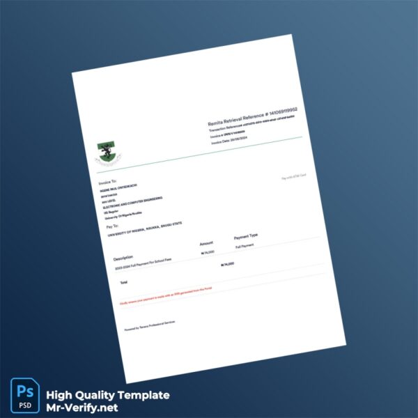 Nigeria University Of Nigeria Nsukka Invoice Template in Word and PDF formats