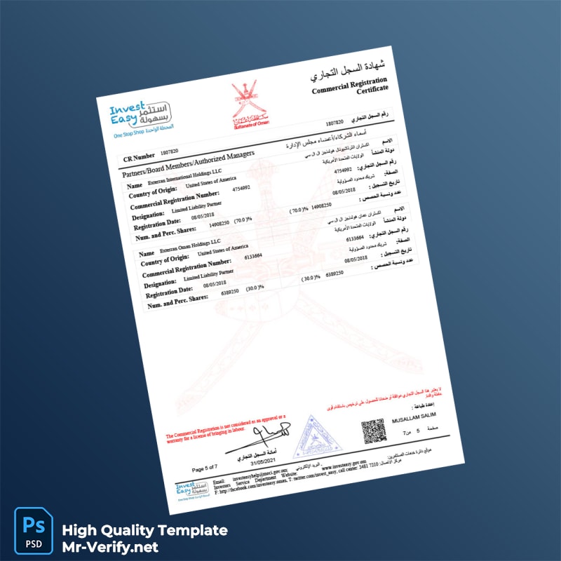 Oman Commercial Registration Certificate Template in Word and PDF formats page 5 Oman Commercial Registration Certificate Template in Word and PDF formats page 5