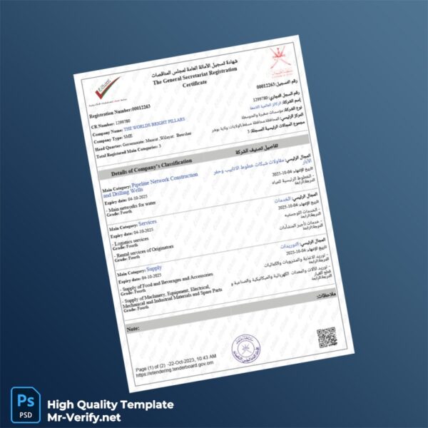 Oman General Secretariat Registration Certificate Template in Word and PDF formats