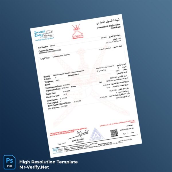 Editable Oman Investment Authority Business Registration Certificate Word and Pdf Template Preview - Mac Doc