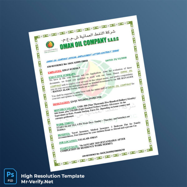 Editable Oman Oil Company Employment Verification Letter Word and Pdf Template Preview - Mac Doc