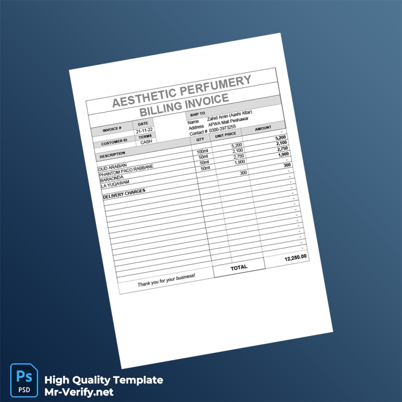 Pakistan Aesthetic Perfumery Invoice Template in Word and PDF formats Pakistan Aesthetic Perfumery Invoice Template in Word and PDF formats