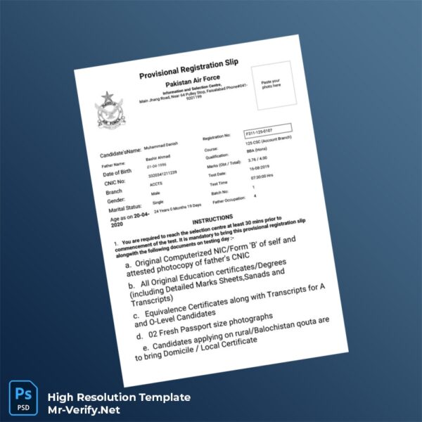 Editable Pakistan Air Force Provisional Registration Slip Word and Pdf Template Preview - Mac Doc