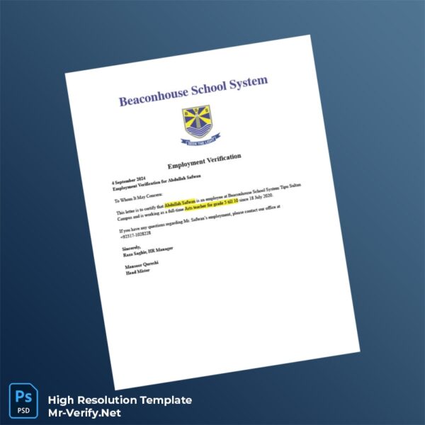 Editable Pakistan Beaconhouse School System Employment Verification Letter Word and Pdf Template Preview - Mac Doc
