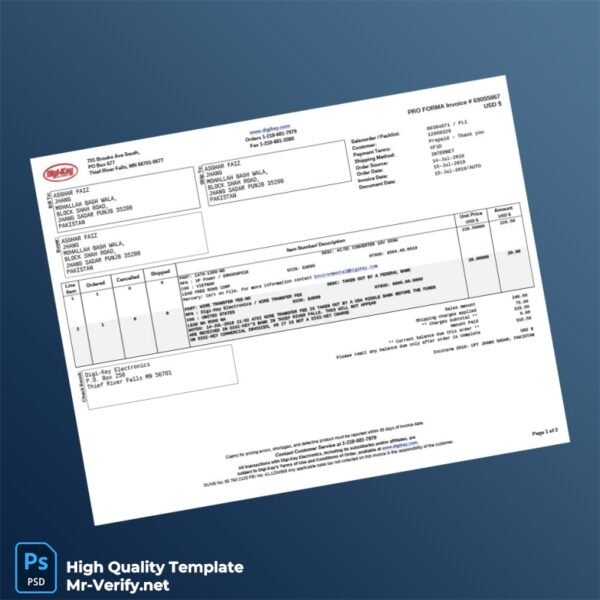 Pakistan Digi-Key Electronics Pro Forma Invoice Template in Word and PDF formats