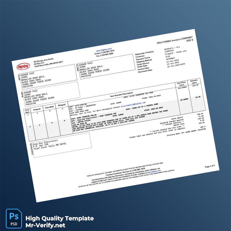 Pakistan Digi-Key Electronics Pro Forma Invoice Template in Word and PDF formats Pakistan Digi-Key Electronics Pro Forma Invoice Template in Word and PDF formats