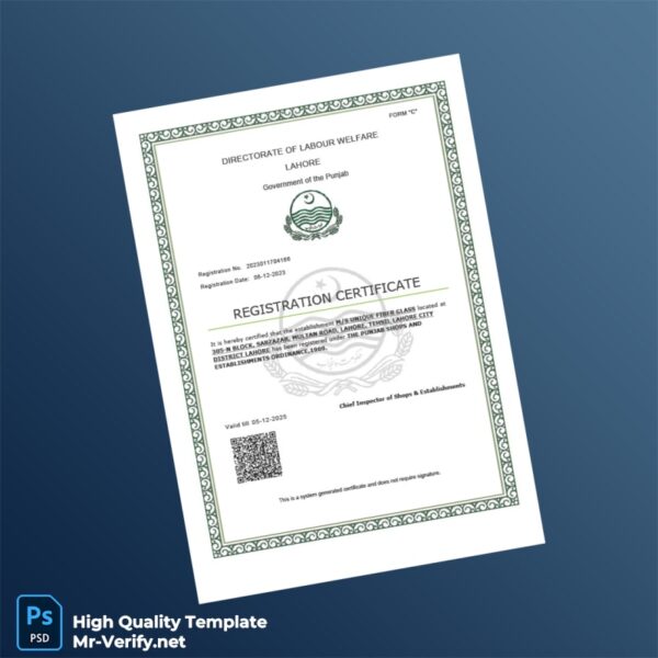 Pakistan Directorate of Labour Welfare Registration Certificate Template in Word and PDF formats