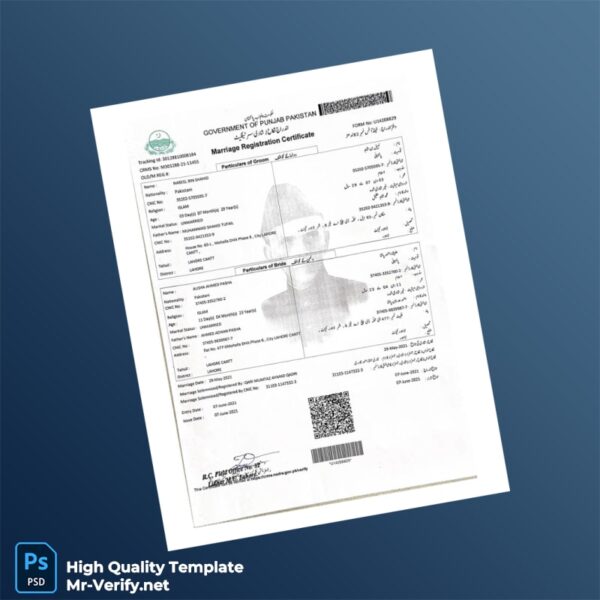 Pakistan Editable Marriage Registration Certificate Template in Word and PDF formats