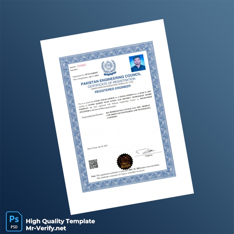 Pakistan Engineering Council Registration Certificate Template in Word and PDF formats Pakistan Engineering Council Registration Certificate Template in Word and PDF formats
