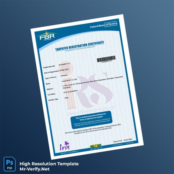 Editable Pakistan Federal Board of Revenue Taxpayer Registration Certificate Word and Pdf Template Preview - Mac Doc