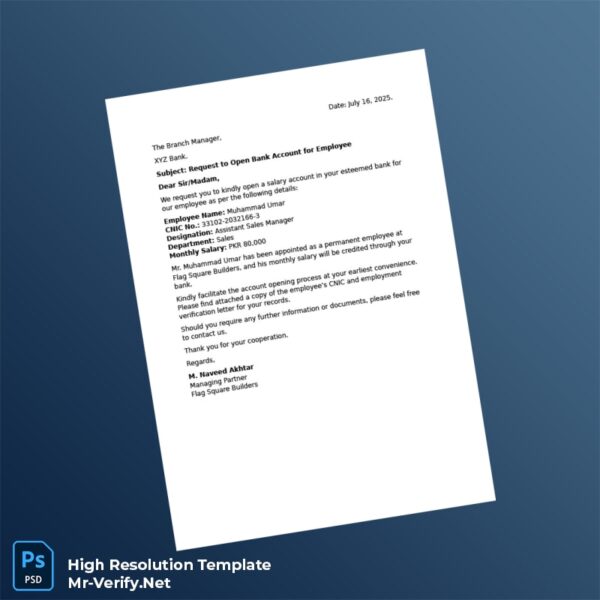 Editable Pakistan Flag Square Builders Request to Open Salary Account Word and Pdf Template Preview - Mac Doc