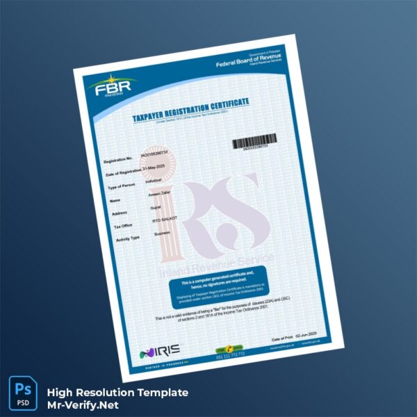 Editable Pakistan IRS Tax Registration Certificate Word and Pdf Template Preview - Mac Doc