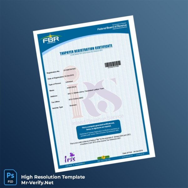 Editable Pakistan Inland Revenue Service Tax Registration Certificate Word and Pdf Template Preview - Mac Doc