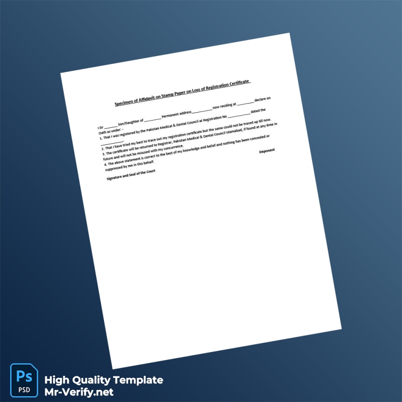 Pakistan Medical Dental Council Duplicate Affidavit for Loss of Registration Certificate in Word and PDF formats Pakistan Medical Dental Council Duplicate Affidavit for Loss of Registration Certificate in Word and PDF formats