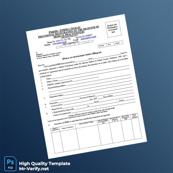 Pakistan Medical Dental Council Provisional Registration Certificate Template in Word and PDF formats