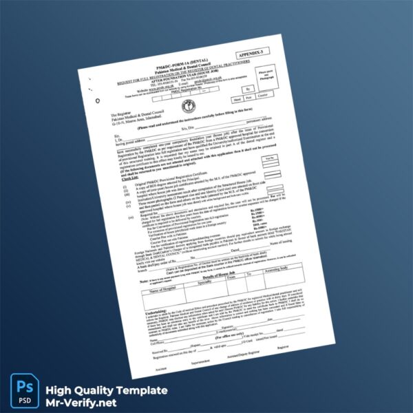 Pakistan Medical and Dental Council Registration Certificate Template in Word and PDF formats
