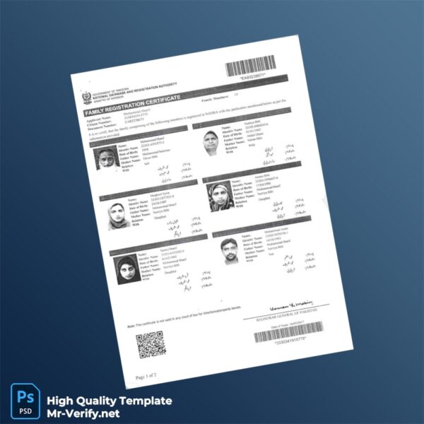 Pakistan NADRA Family Registration Certificate Template in Word and PDF formats