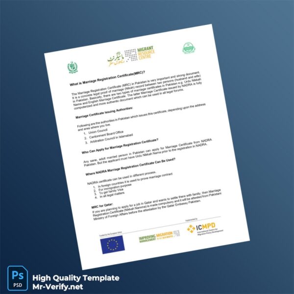 Pakistan NADRA Marriage Registration Certificate Template in Word and PDF formats