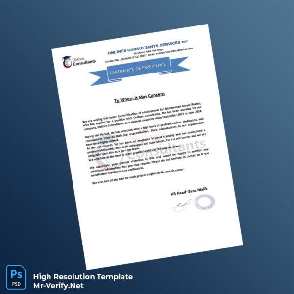 Editable Pakistan Onlines Consultants Employment Verification Letter Word and Pdf Template Preview - Mac Doc