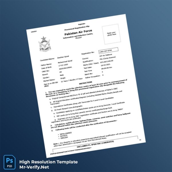 Editable Pakistan Pakistan Air Force Registration Certificate Word and Pdf Template Preview - Mac Doc
