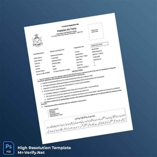 Editable Pakistan Provisional Registration Slip Word and Pdf Template Preview - Mac Doc