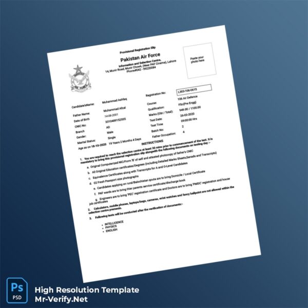 Editable Pakistan Provisional Registration Slip for Air Force Entrance Exam Preview - Mac Doc