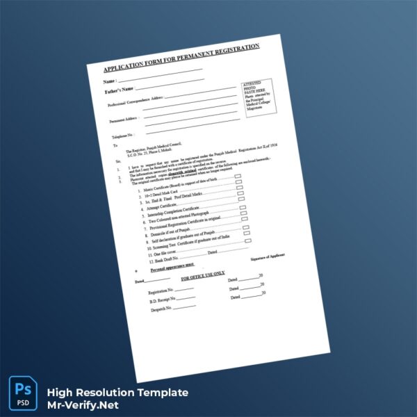 Editable Pakistan Punjab Medical Council Application Form for Permanent Registration Word and Pdf Template Preview - Mac Doc