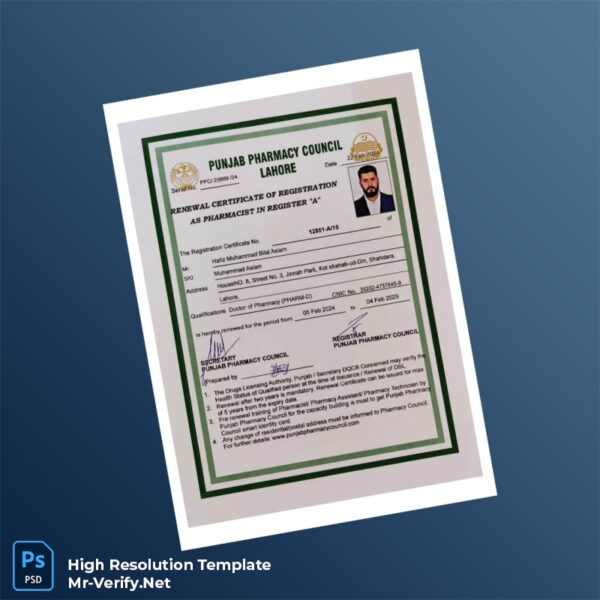 Editable Pakistan Punjab Pharmacy Council Renewal Registration Certificate Word and Pdf Template Preview