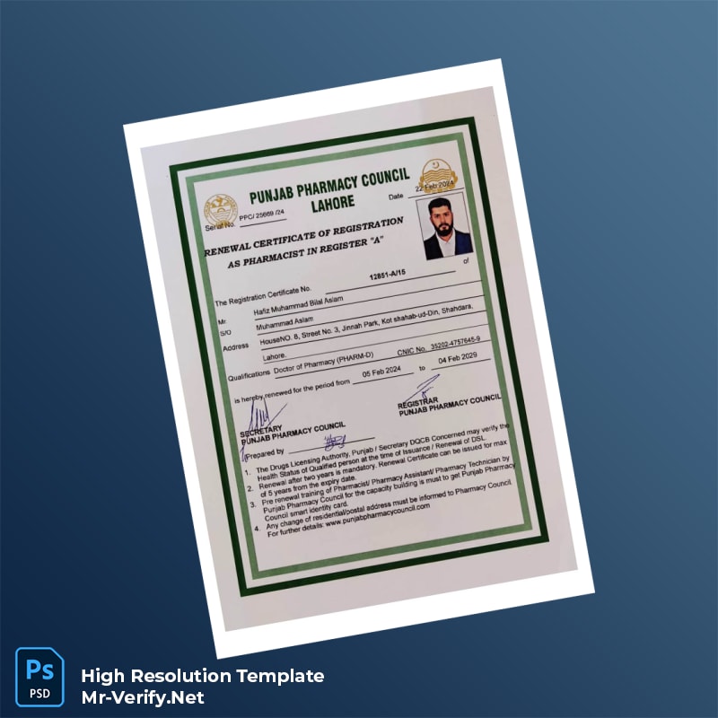 Pakistan%20Punjab%20Pharmacy%20Council%20Renewal%20Registration%20Certificate%20Template%20in%20Word%20and%20PDF%20formats Editable Pakistan Punjab Pharmacy Council Renewal Registration Certificate Word and Pdf Template Preview