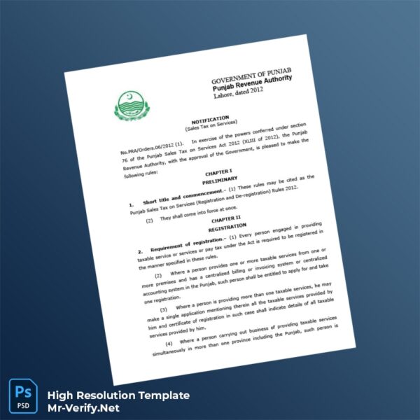 Editable Pakistan Punjab Revenue Authority Registration Certificate Word and Pdf Template Preview - Mac Doc